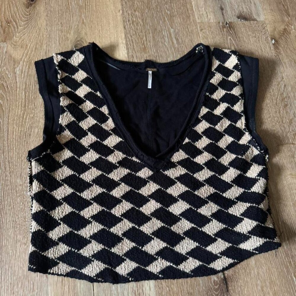 Free People Black & Tan Short Short Sleeve Top Vest Size L‎